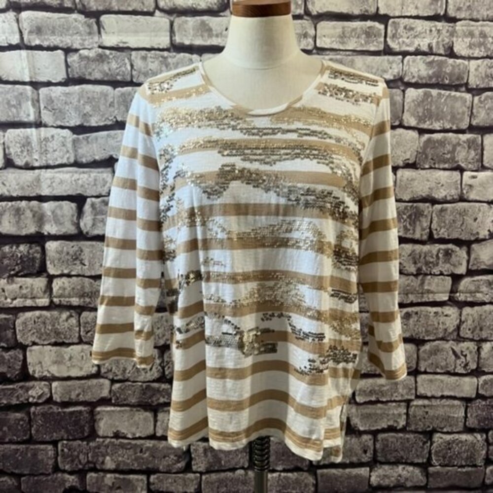 Chico's Zenergy White & Beige Striped Blouse Size Large